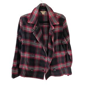 Woolrich Vintage Winter Wool Plaid Double Breasted Pea Coat Red Black Grey S